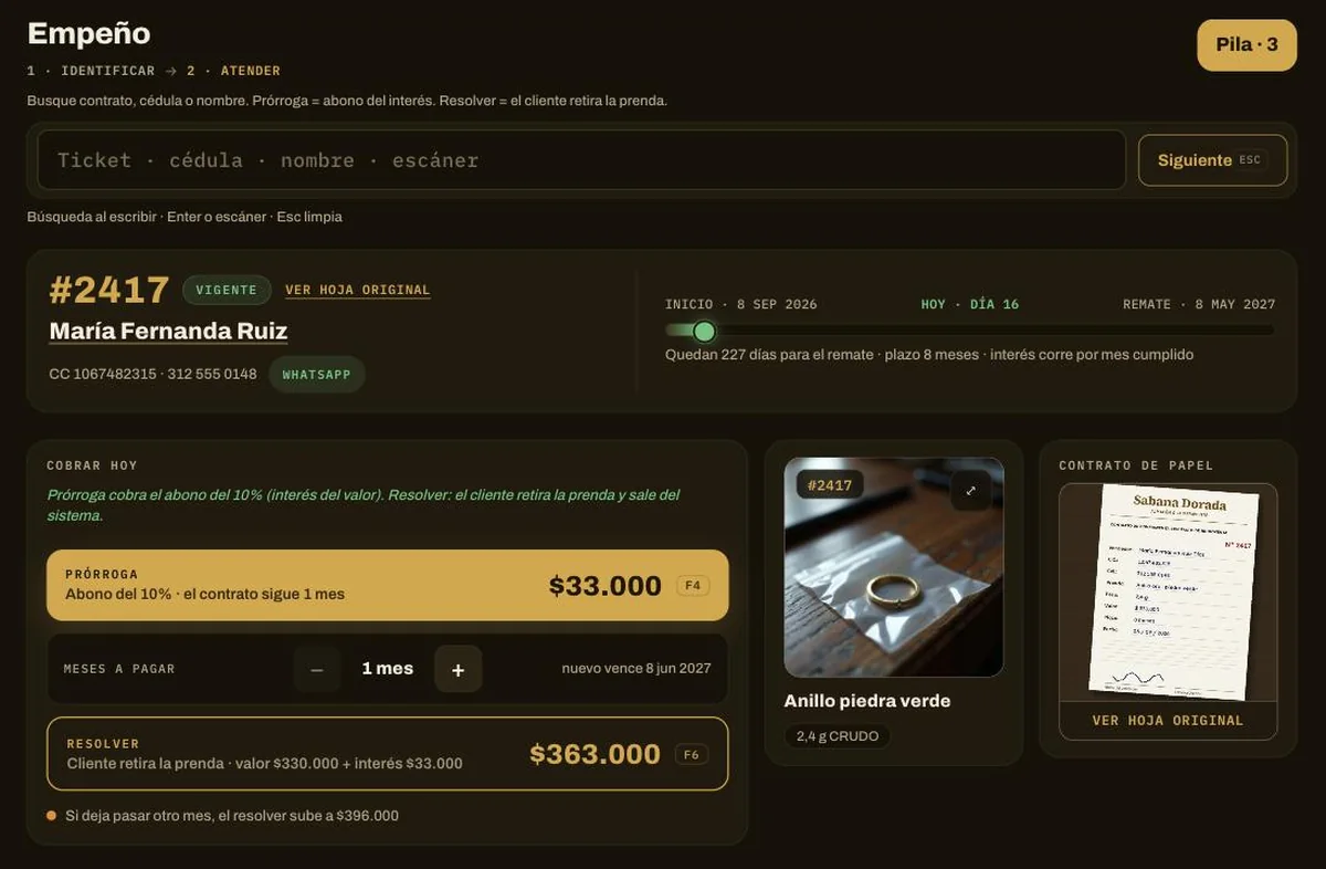 Pantalla del producto: búsqueda, contrato de empeño, prórroga y resolver (datos de ejemplo)