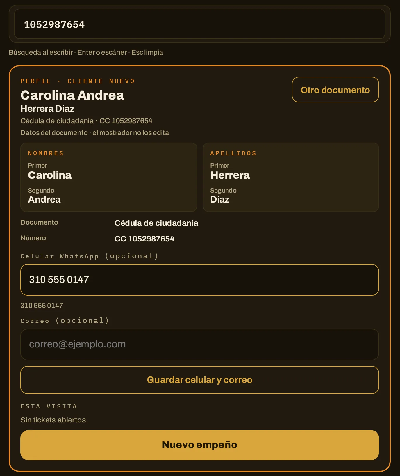 Perfil de cliente nuevo creado desde el escaneo de la cédula (datos de ejemplo)