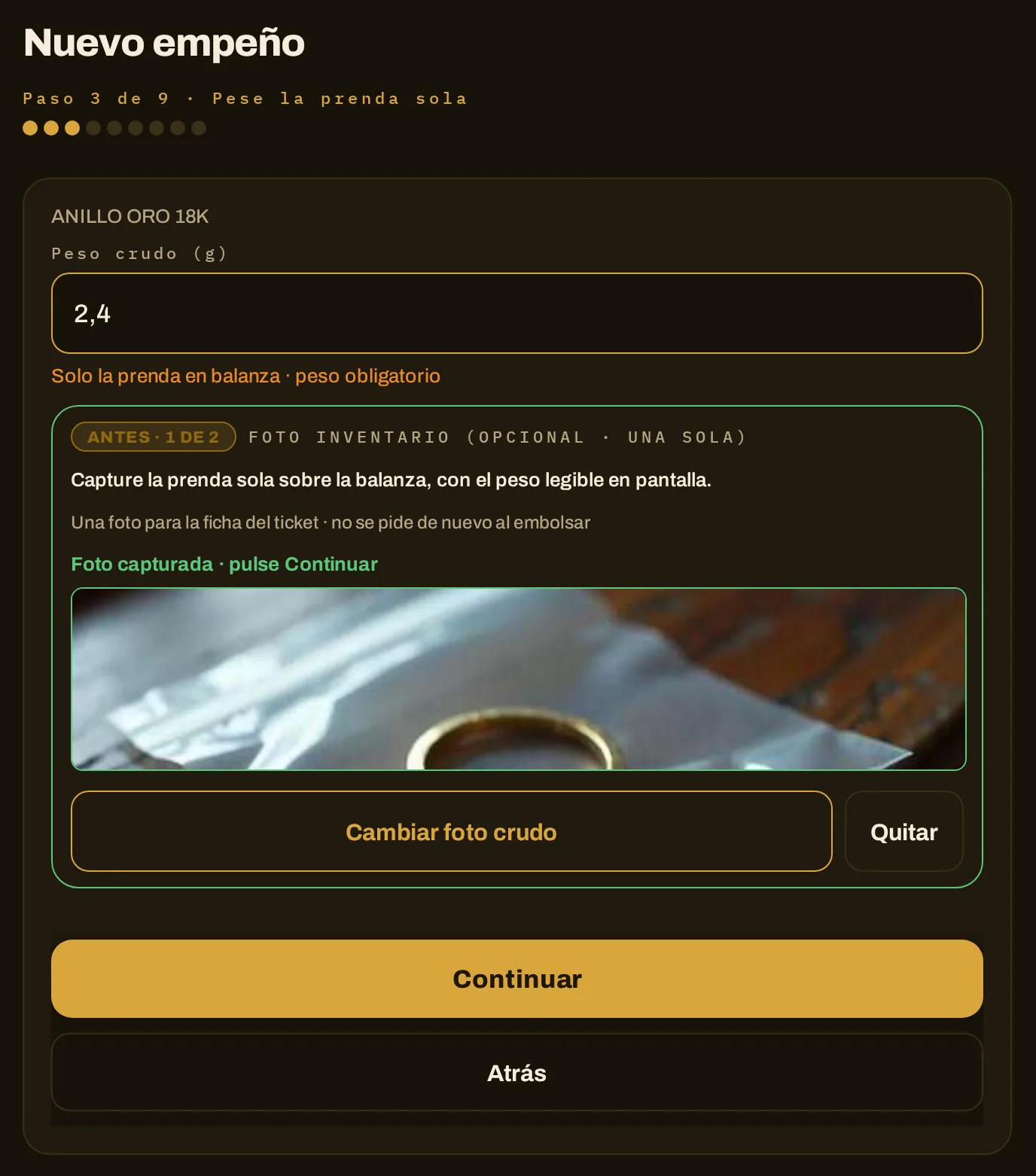 Nuevo empeño: descripción, peso crudo y foto de la prenda (datos de ejemplo)