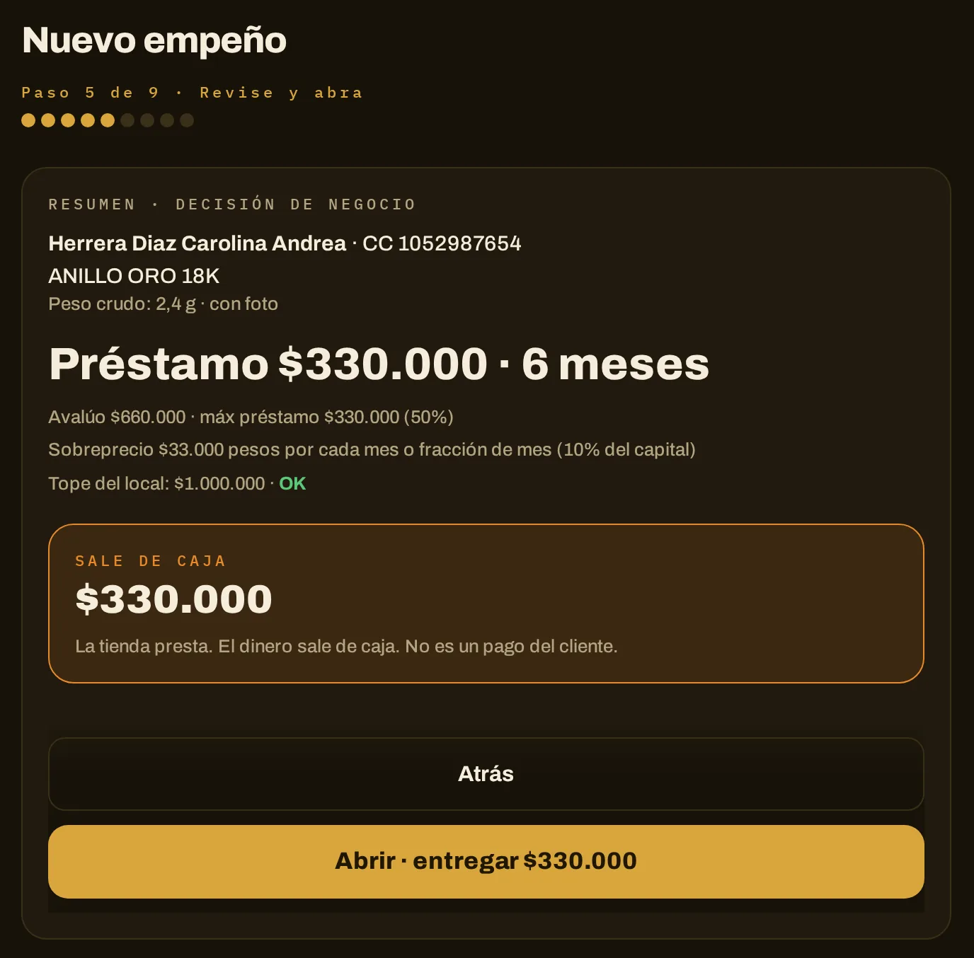 Resumen del nuevo empeño antes de abrirlo (datos de ejemplo)